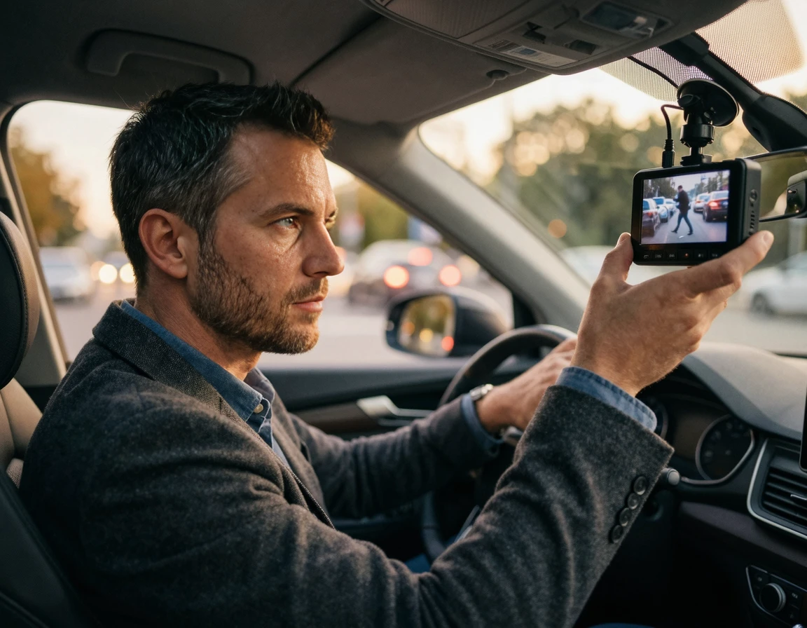 무단횡단한 보행자가 갑자기 나타나는 블랙박스 시점 화면