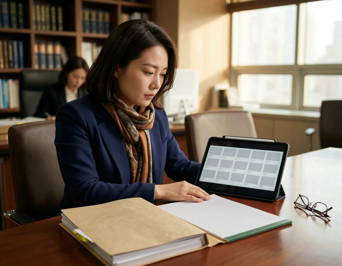 사무실에서 변호사와 심각하게 서류를 검토하는 40대 남성