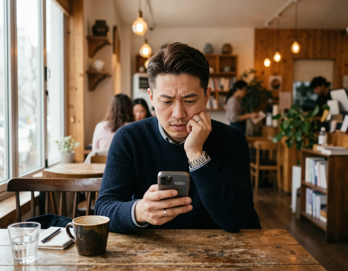 스마트폰을 보며 걱정하는 40대 남성