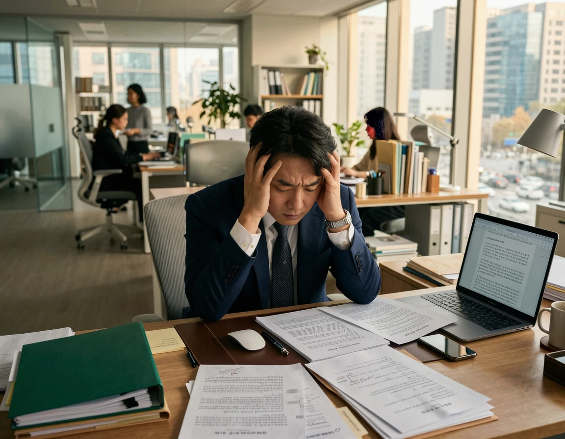 횡령 서류 앞에서 머리를 감싸 쥐고 고민하는 직장인