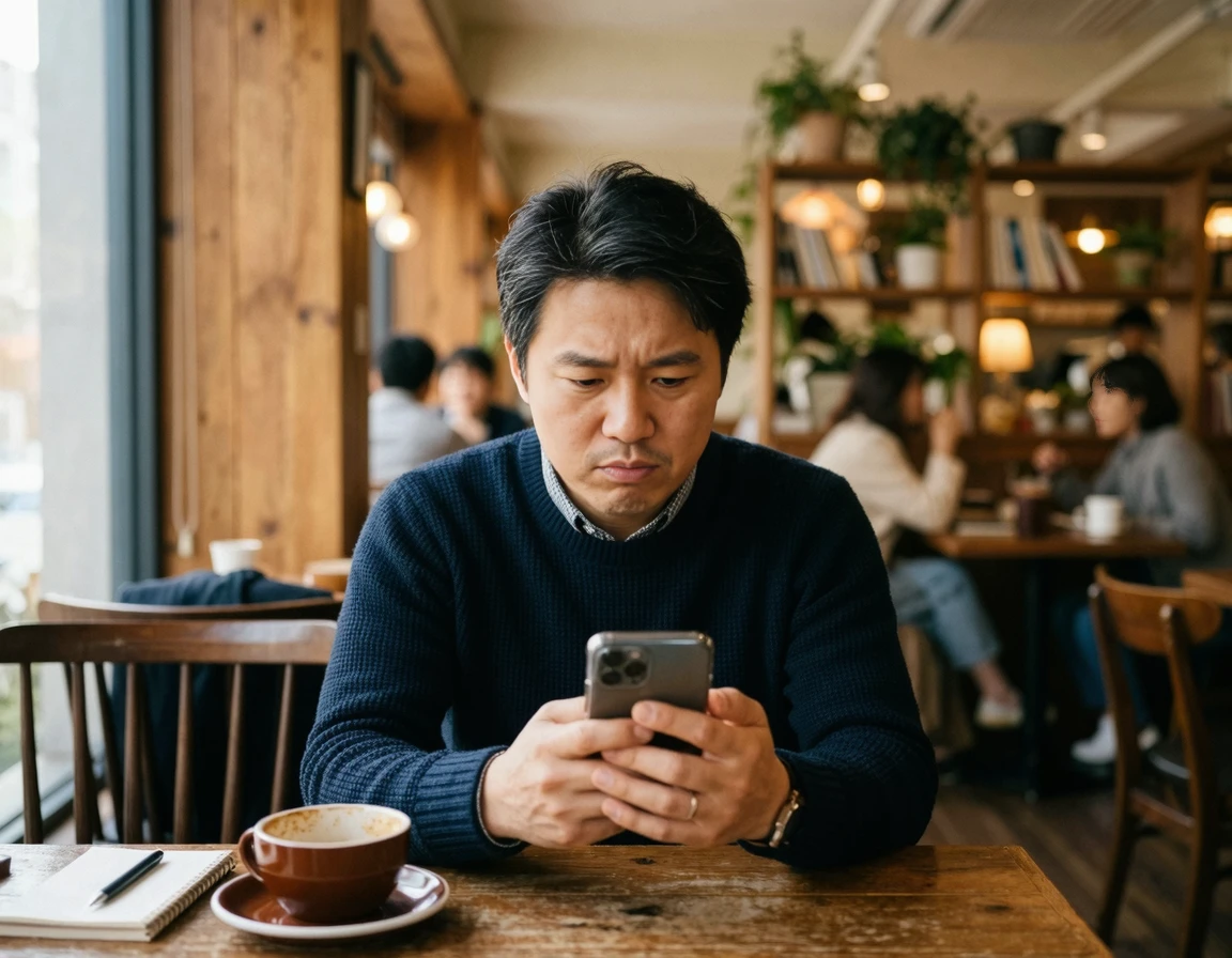 스마트폰 대화 내역을 확인하며 근심하는 40대 남성