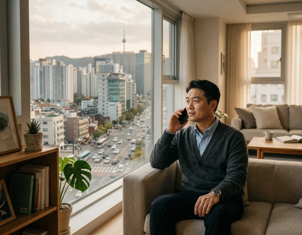 거실에서 차분하게 전화 통화를 하는 한국인 남성