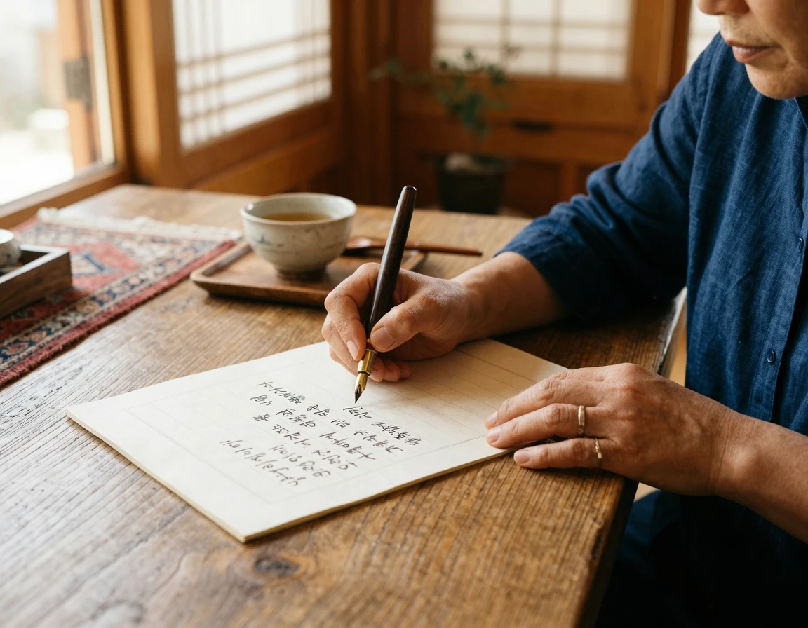 책상에 앉아 펜으로 반성문을 작성하고 있는 모습