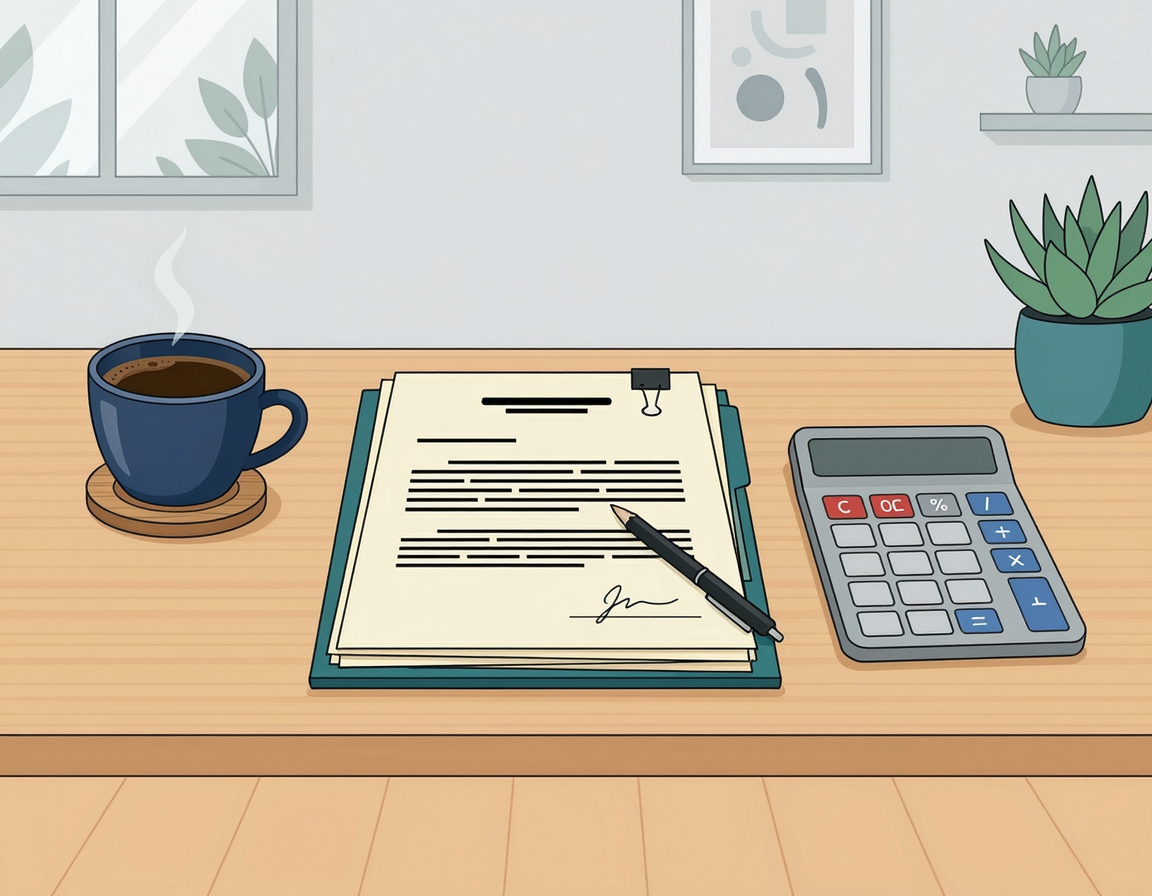 법률 서류와 계산기, 커피잔이 놓인 책상 일러스트