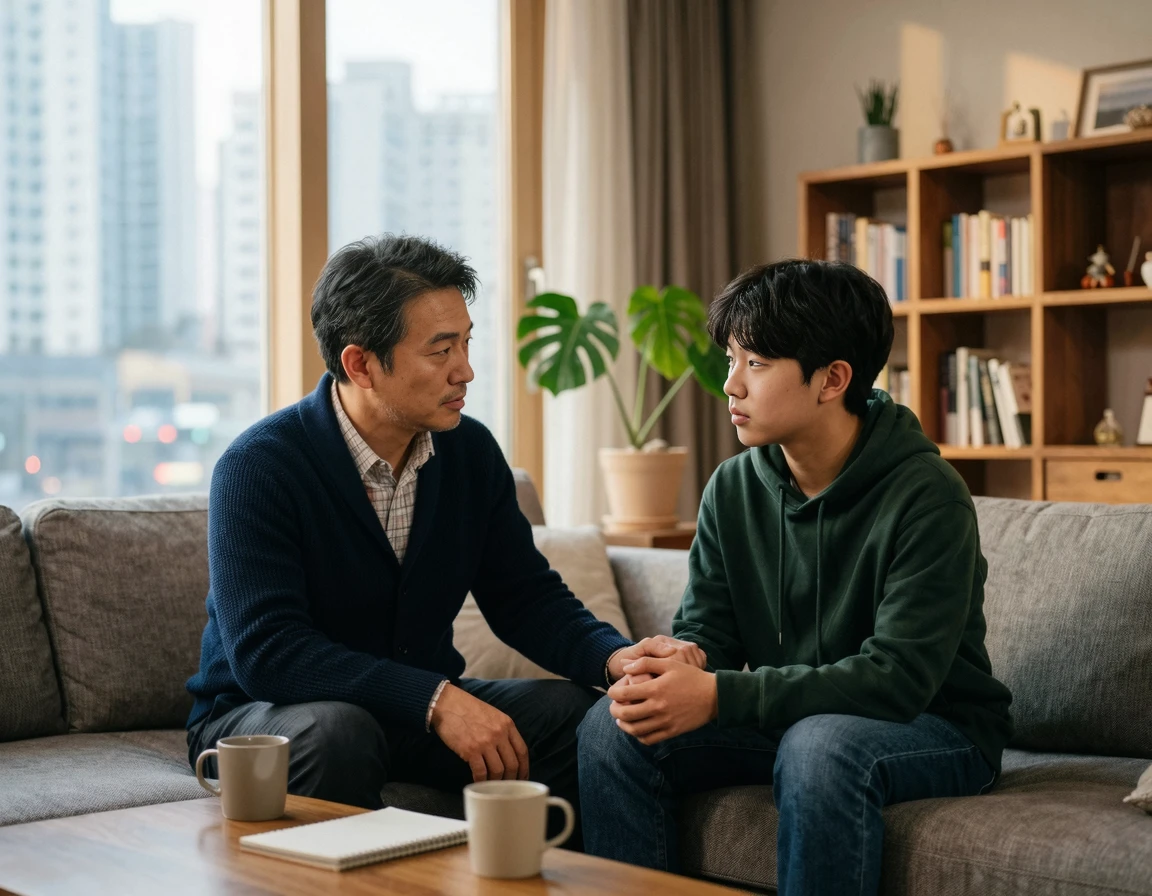 거실에서 형사고소를 위해 아들과 진지하게 대화를 나누는 아버지