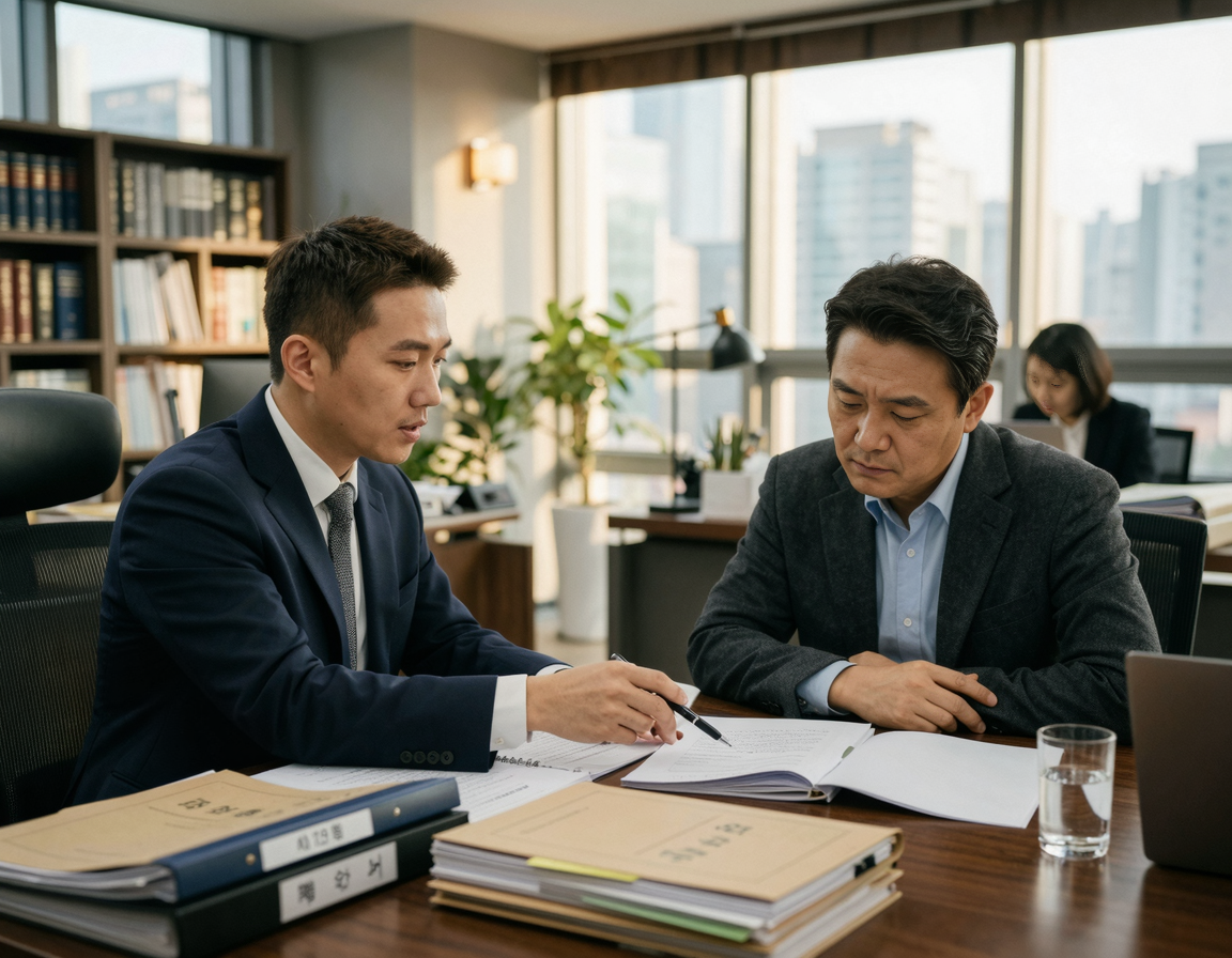 변호사와 서류를 보며 상담하는 모습