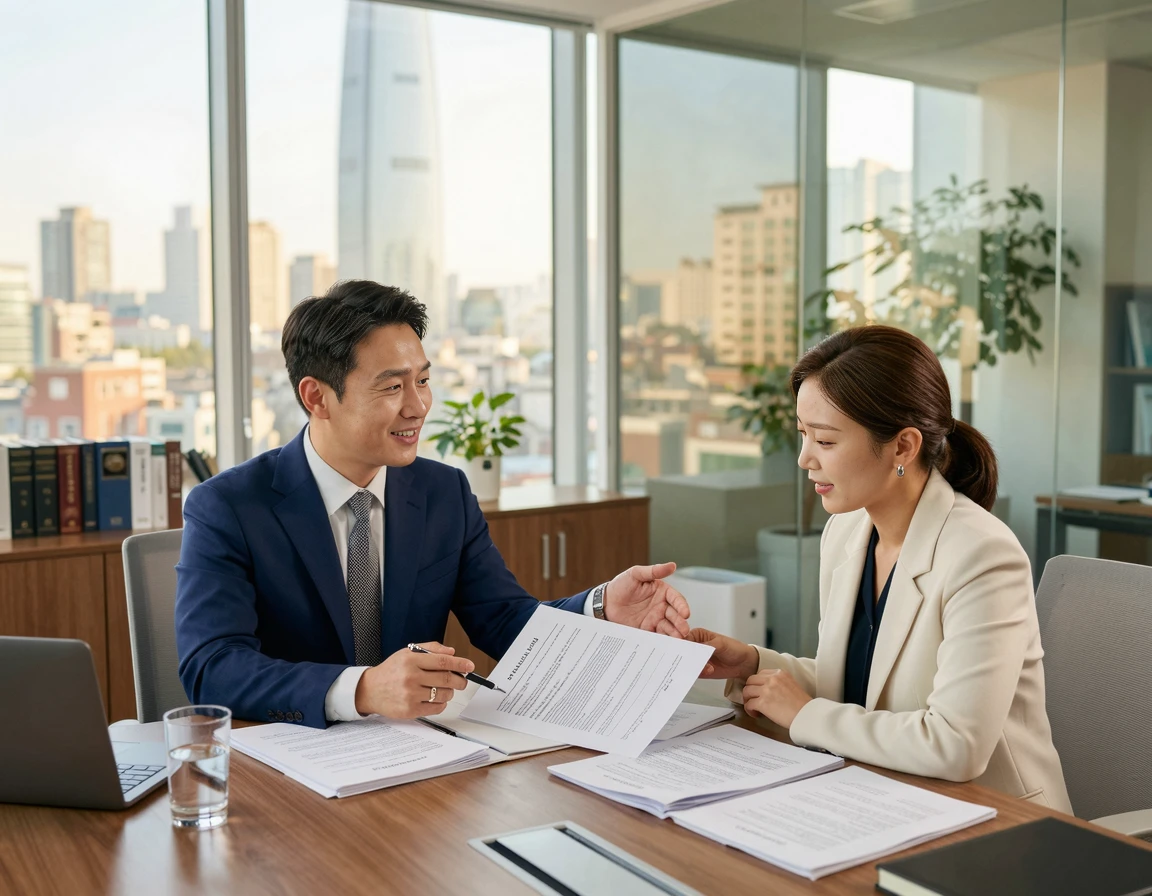 법률 사무소에서 의뢰인에게 절차를 설명하는 변호사