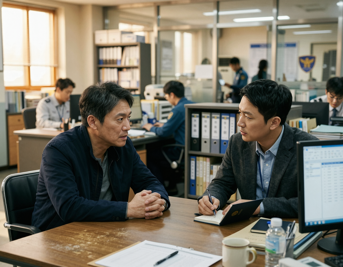 경찰 조사실에서 수사관과 마주 앉은 남성