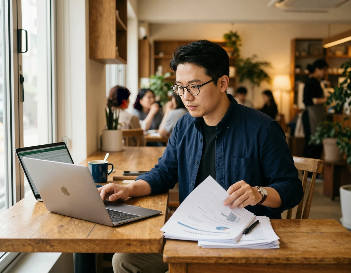 카페에서 서류와 노트북을 보며 사기 증거를 정리하는 남성