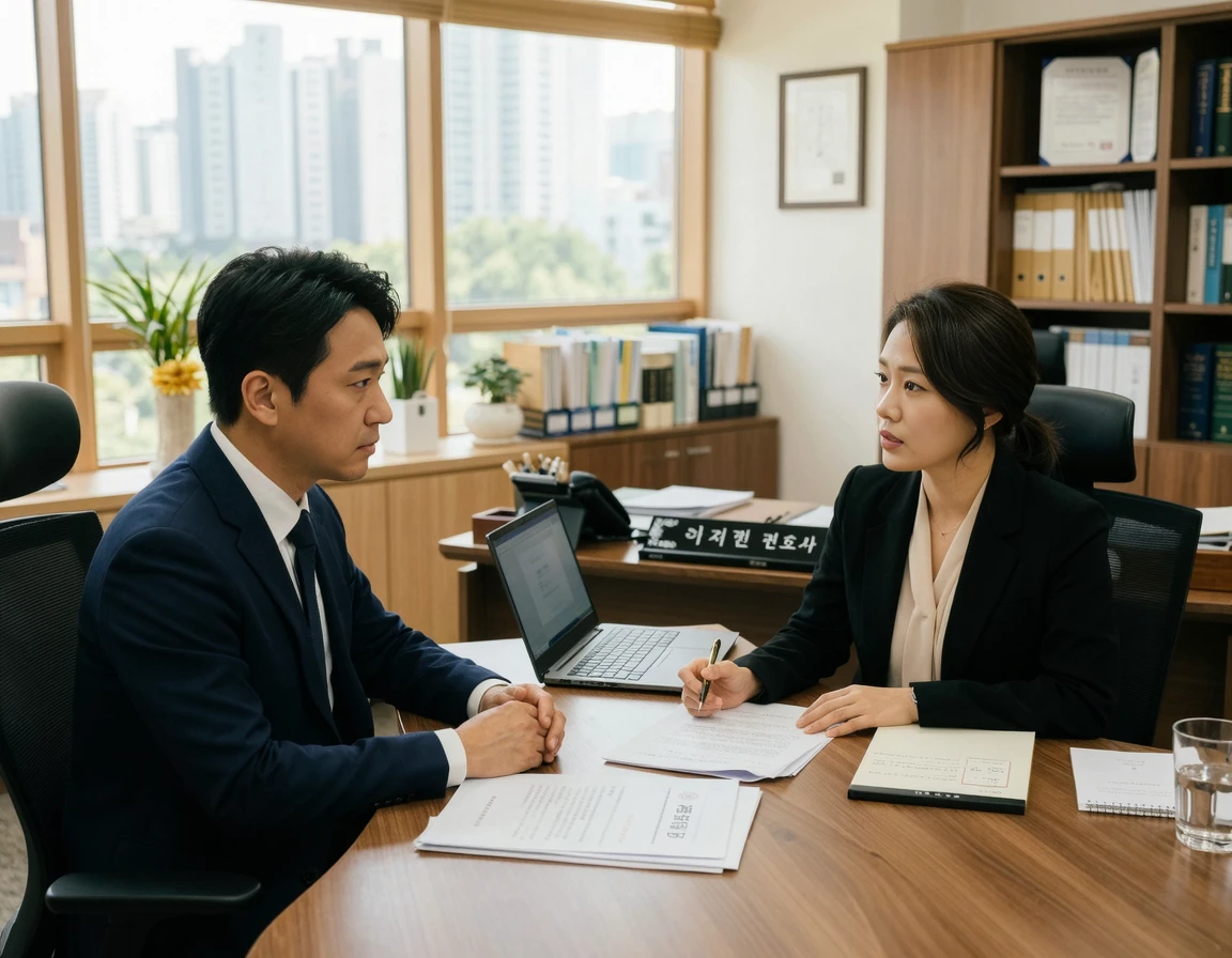사무실에서 변호사와 진지하게 스토킹에 대해 상담 중인 남성