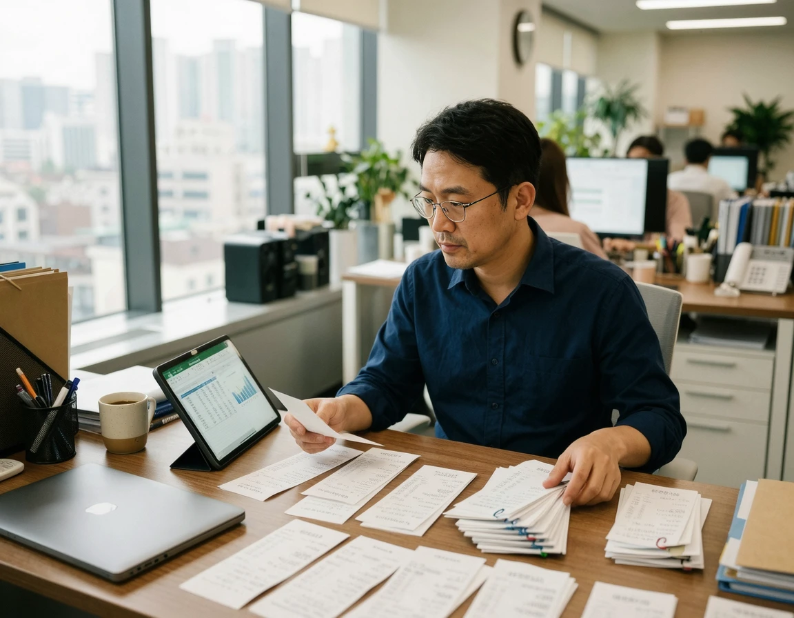 결제 영수증과 이동 동선을 정리하는 남성