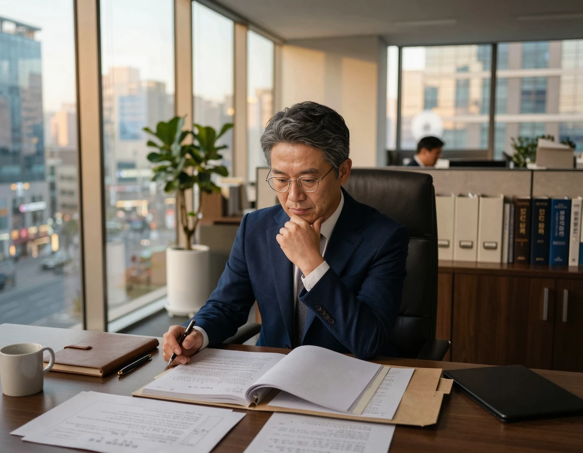 사무실에서 사이버 모욕죄 서류를 검토하는 40대 한국인 전문가