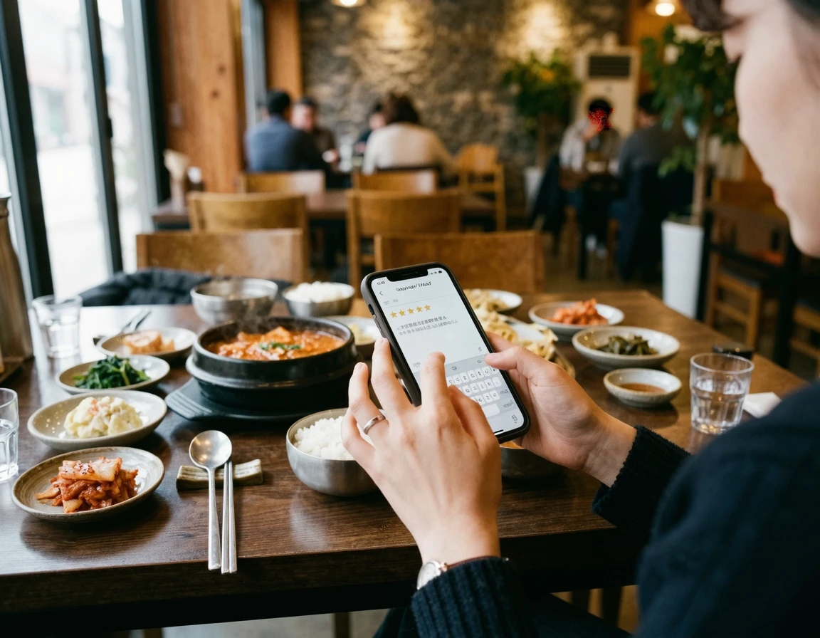 식당에서 스마트폰으로 리뷰를 작성하는 손