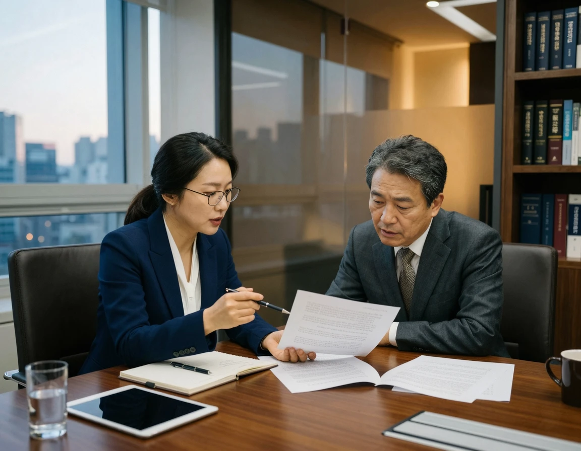 변호사와 명예훼손 상담하며 서류를 검토하는 모습