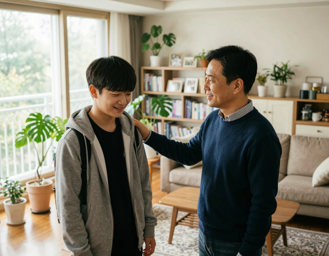 미성년자인 아들의 어깨에 손을 올리고 따뜻하게 격려하는 아버지의 모습