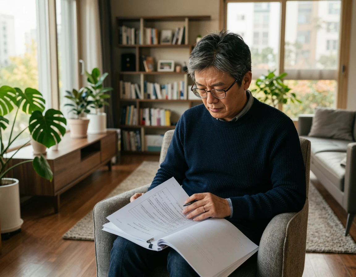 법률 서류를 읽으며 근심하는 40대 한국인 아버지