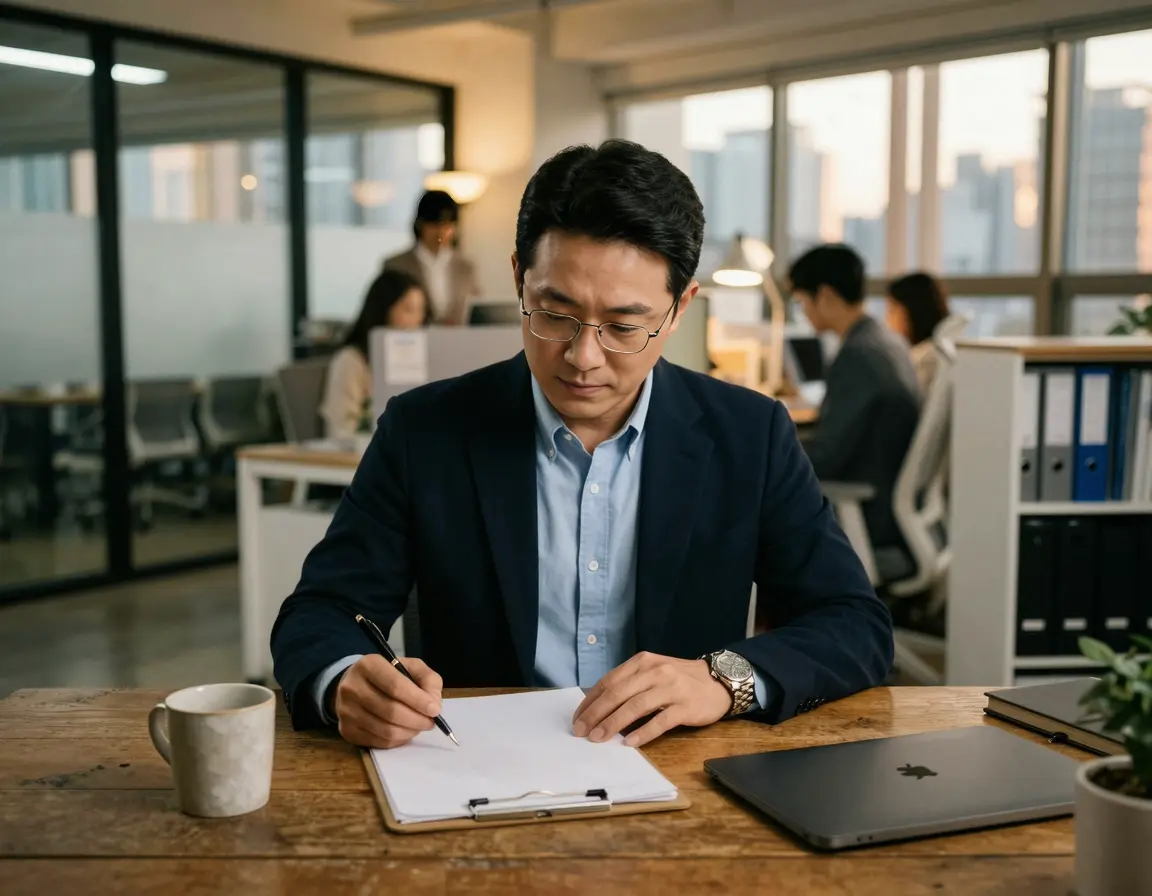 책상에서 체크리스트를 꼼꼼히 확인하는 남성