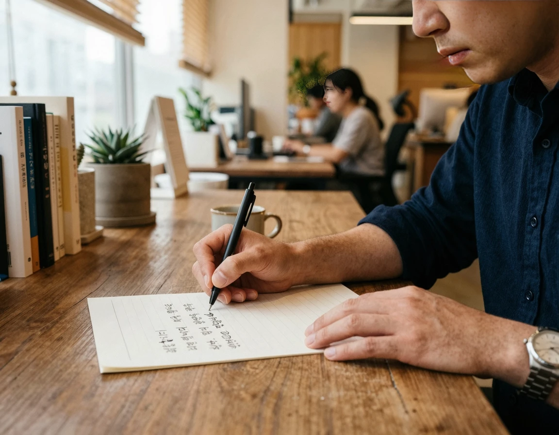 책상에서 진심을 담아 탄원서를 작성하는 모습