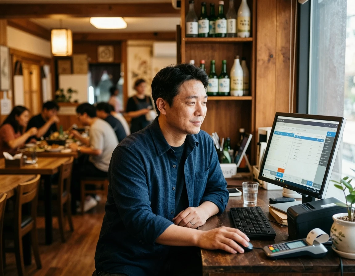 식당 사장님이 위조 신분증 때문에 CCTV 영상을 확인하는 모습