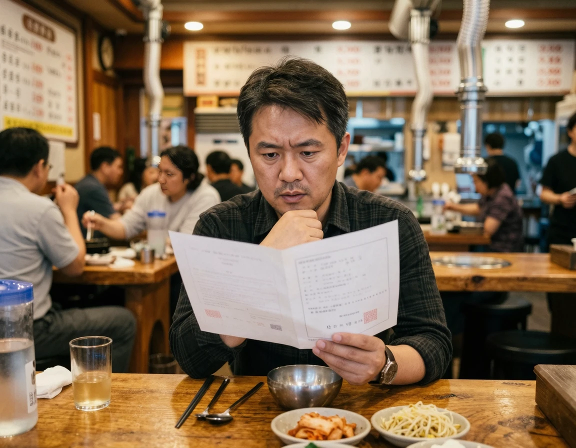 행정처분 서류를 읽으며 고민하는 식당 사장님