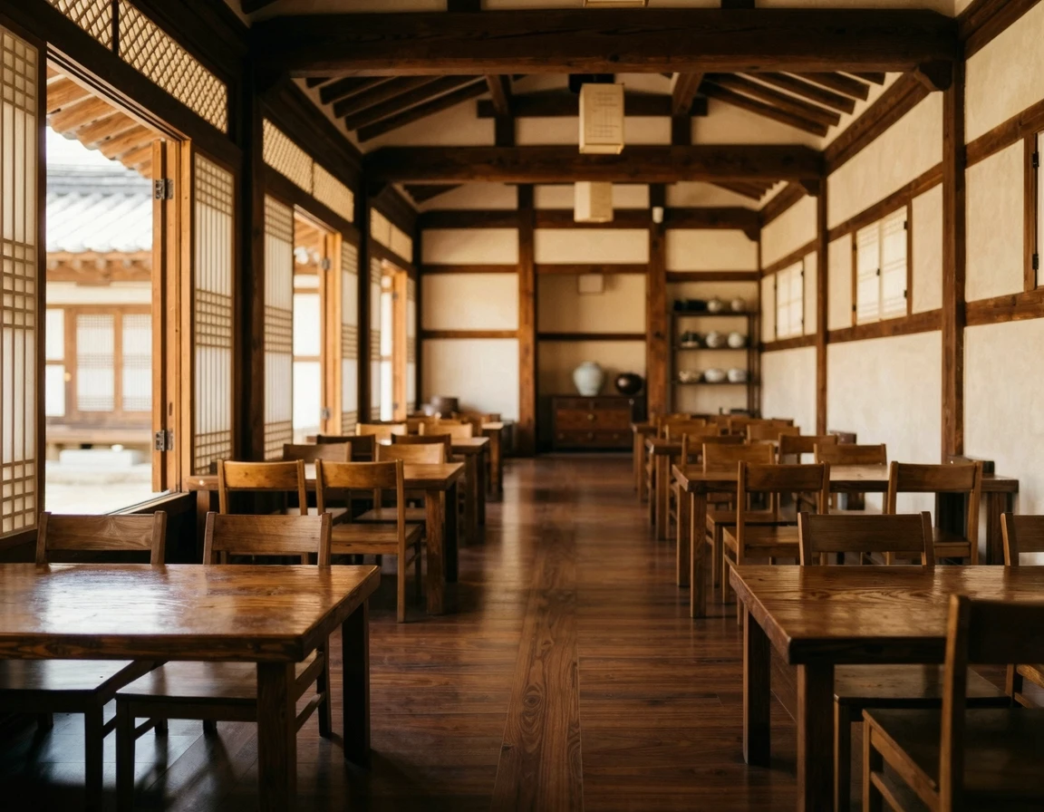 깔끔하게 정돈된 한국 식당 내부 모습