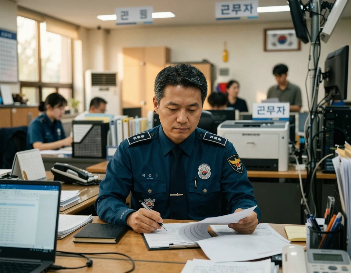 경찰서 사무실에서 진지한 표정으로 앉아있는 40대 남성