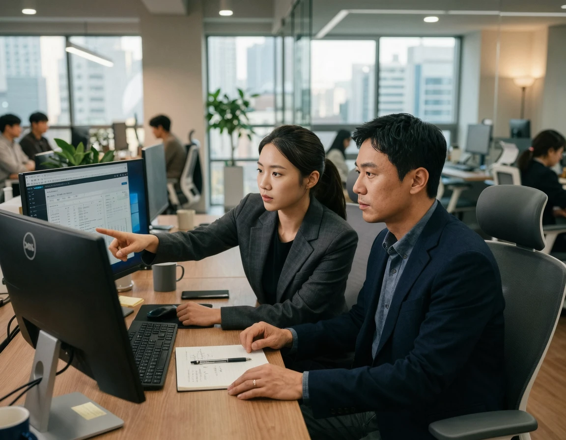 수사관과 함께 불법촬영 관련 내용으로 컴퓨터 모니터를 주의 깊게 살펴보고 있는 남성