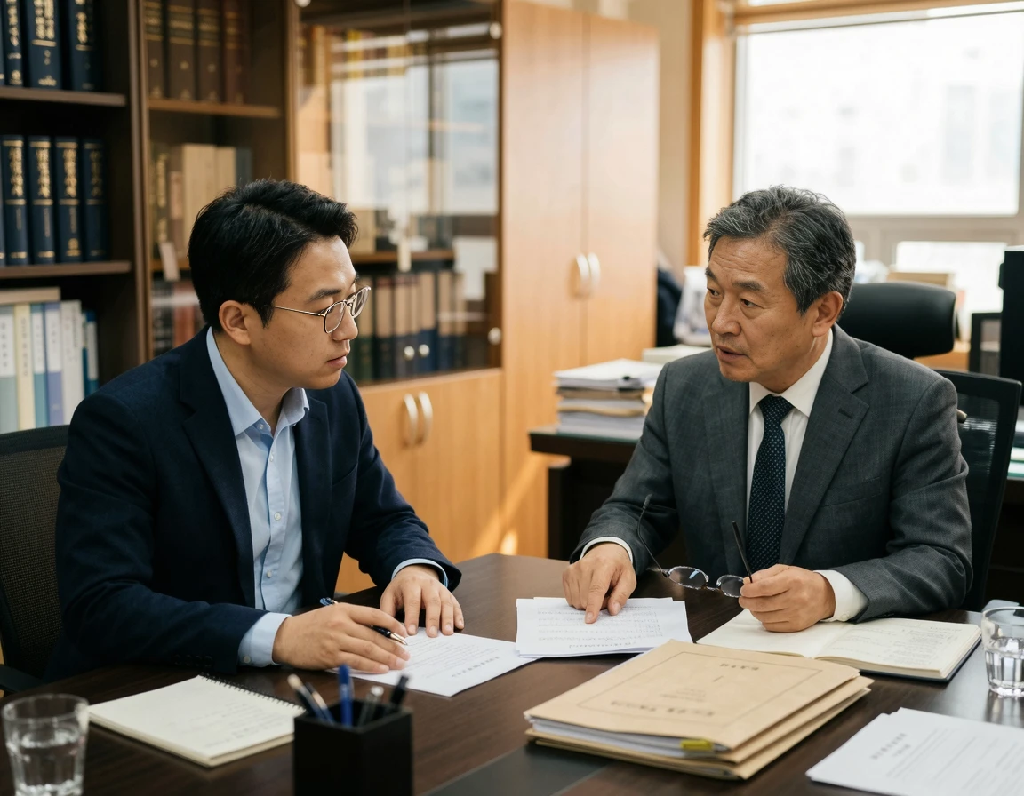 법률 전문가와 마주 앉아 진지하게 상담을 나누고 있는 남성