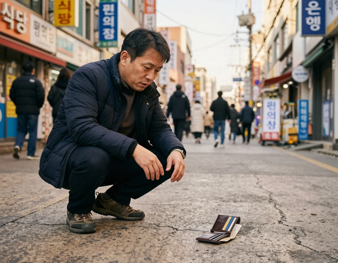 길에 떨어진 지갑을 보고 고민하는 남성
