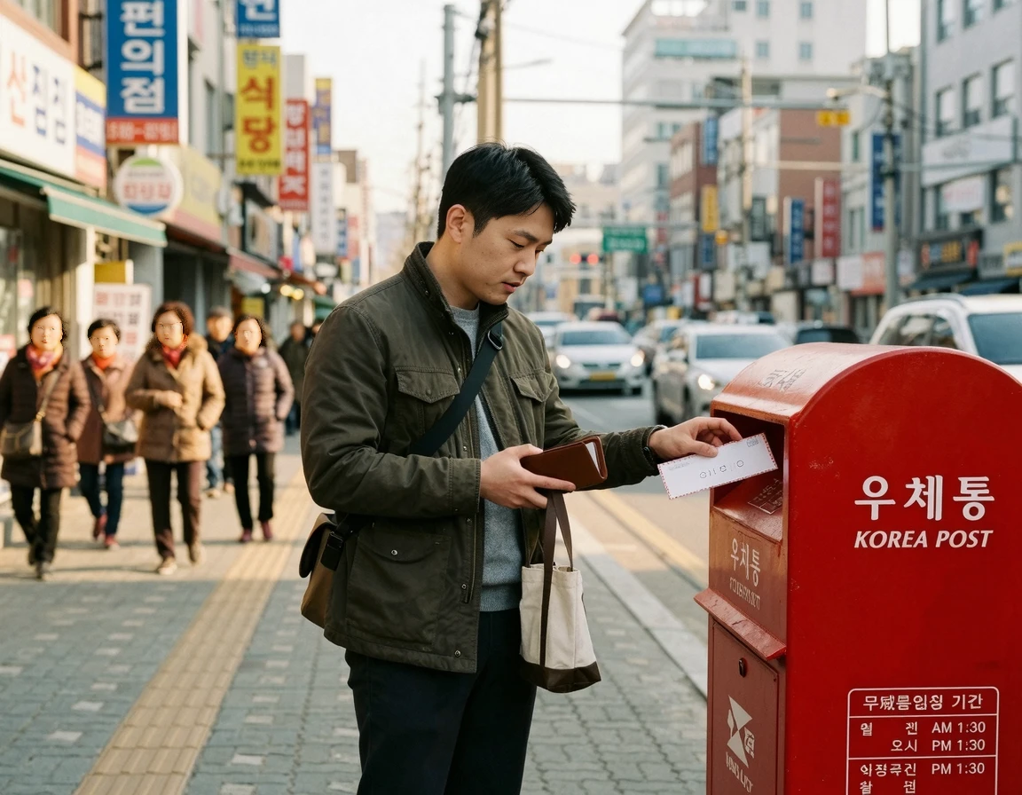 우체통 앞에서 지갑을 들고 망설이는 모습
