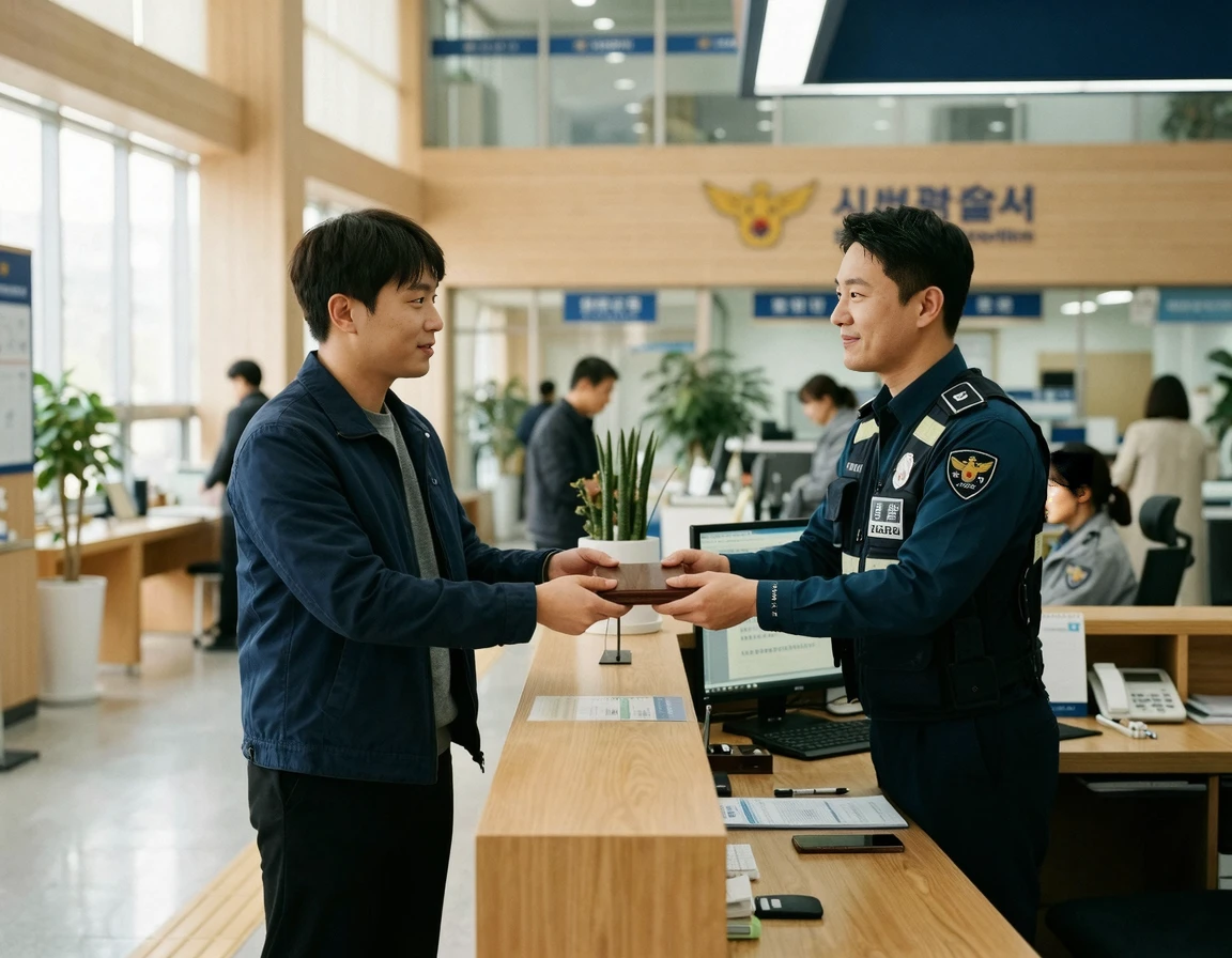 경찰서에 방문하여 습득한 지갑을 제출하는 모습