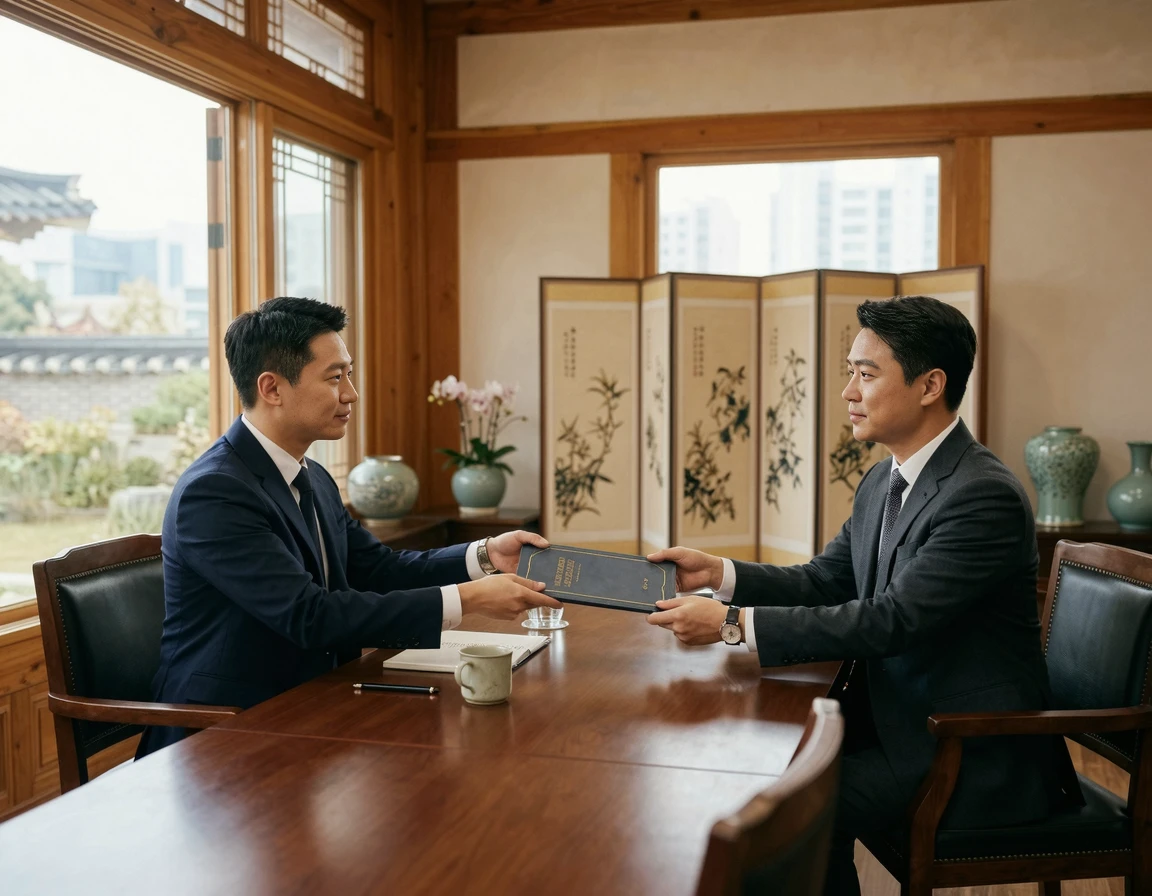회의실에서 합의서를 건네며 대화하는 두 남성