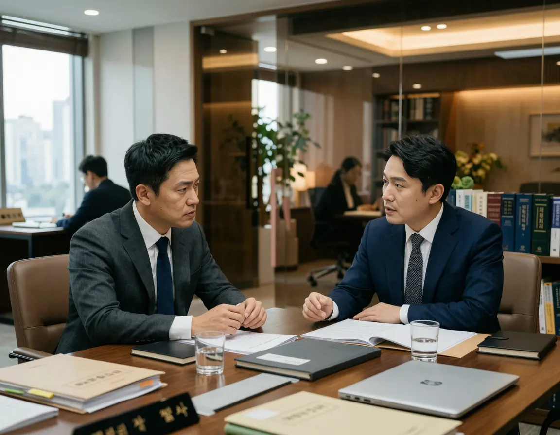 법률 사무소에서 변호사 선임을 위해 진지하게 상담을 나누는 두 남성