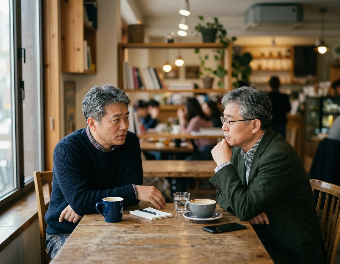 카페에서 마주 앉아 진지하게 대화를 나누는 두 중년 남성