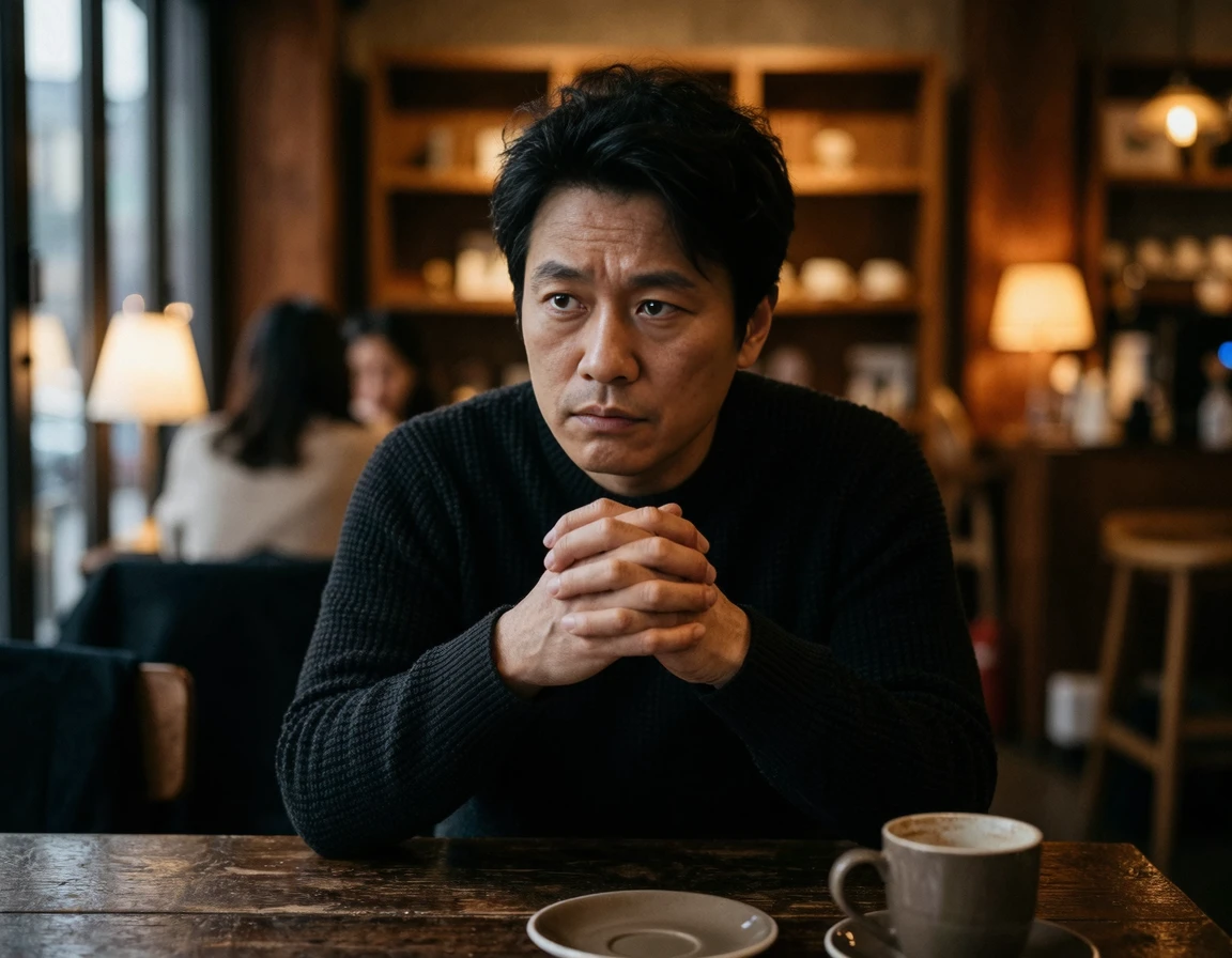 카페에 앉아 단호한 표정으로 고민하는 남성의 모습
