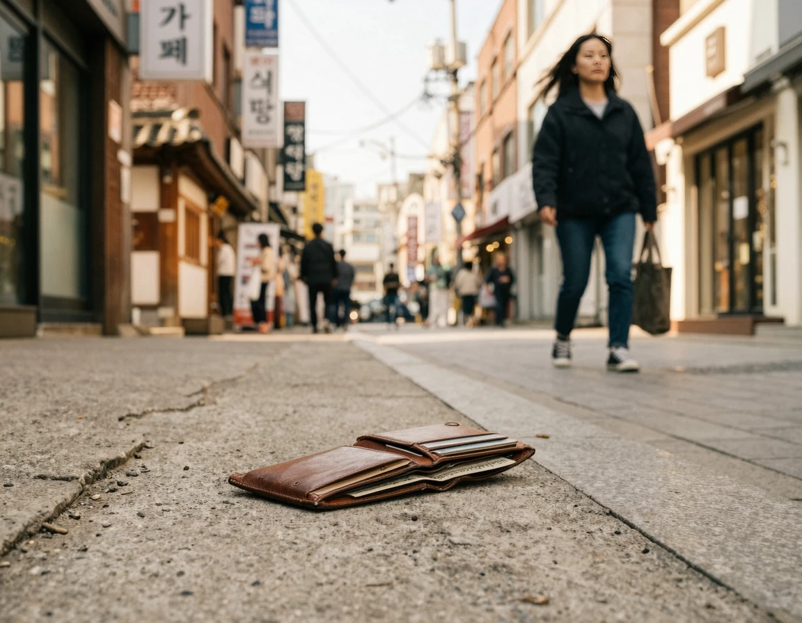 길거리에 떨어져 있는 가죽 지갑