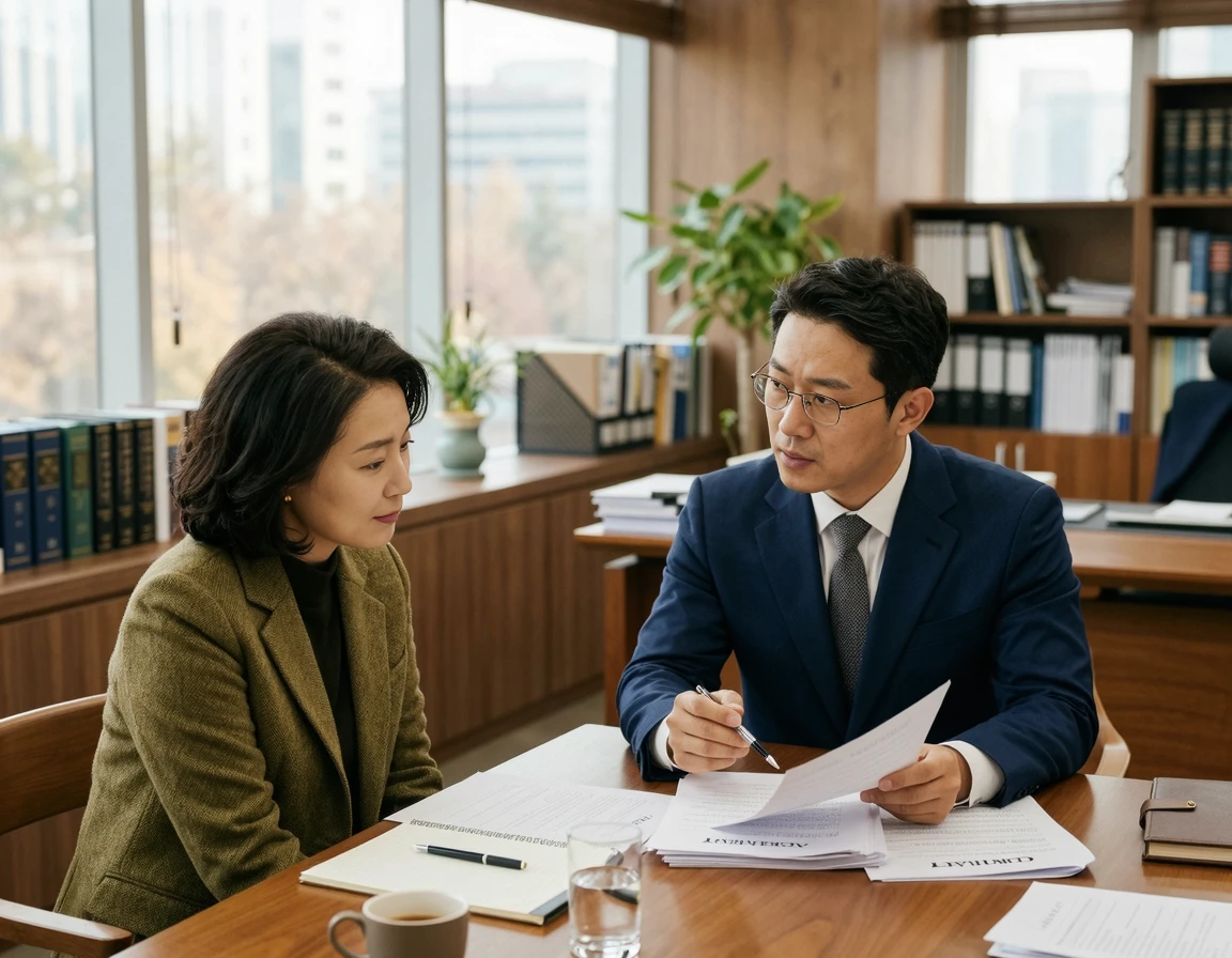 법률 사무소에서 변호사와 상담하며 고소장을 검토하는 모습