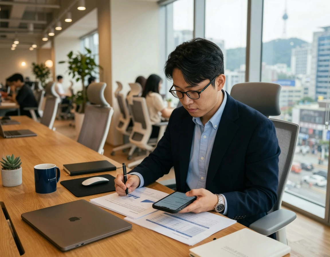 사무실에서 스마트폰과 서류를 꼼꼼히 확인하며 증거를 수집하는 남성