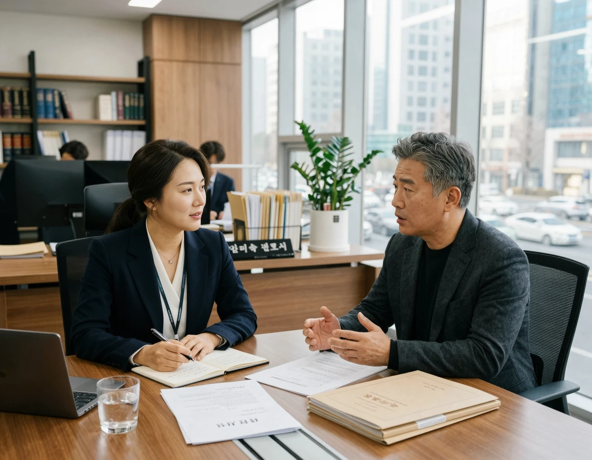 사무실에서 진지하게 상담 중인 변호사와 의뢰인