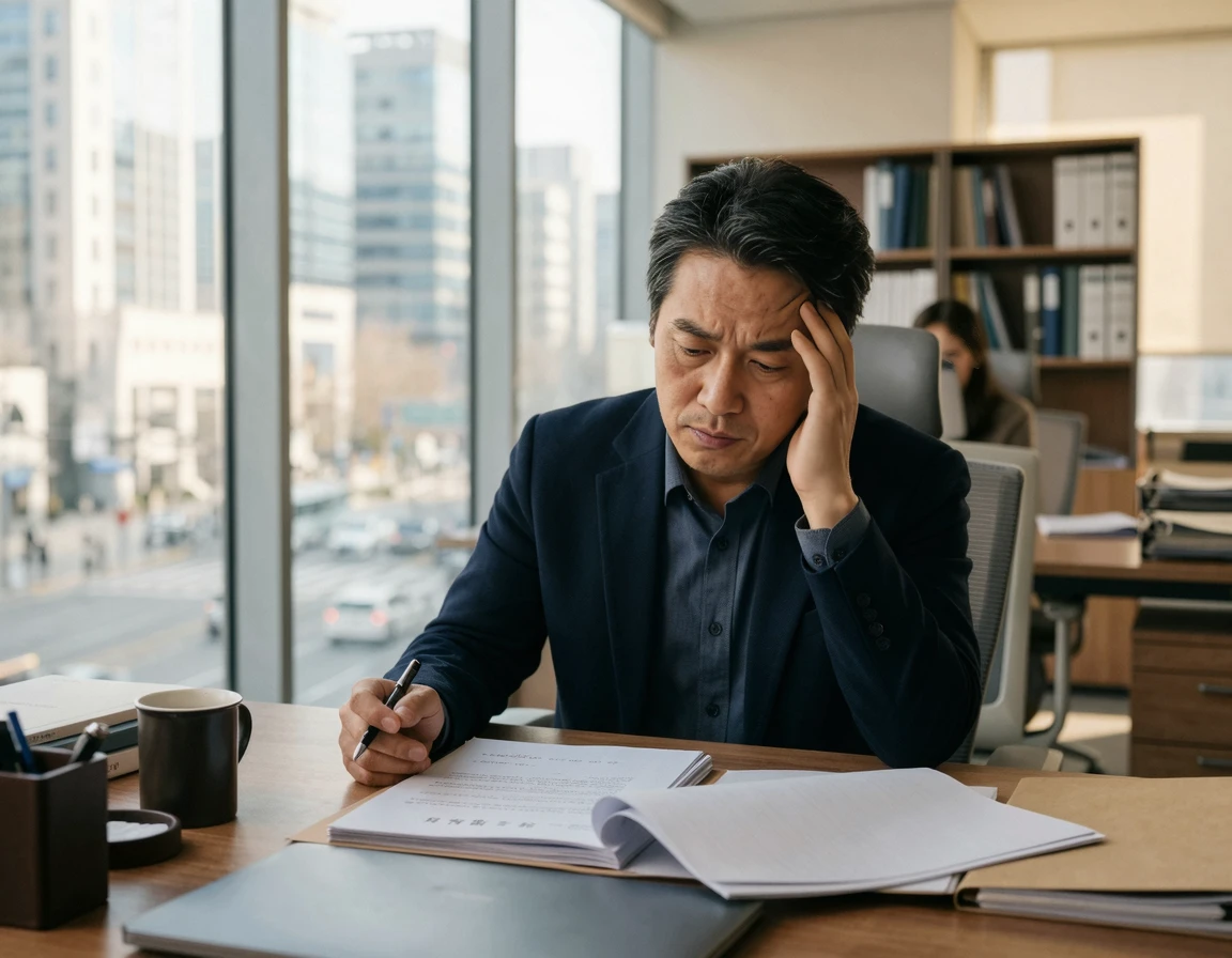 관련 서류를 보며 고민하는 40대 남성