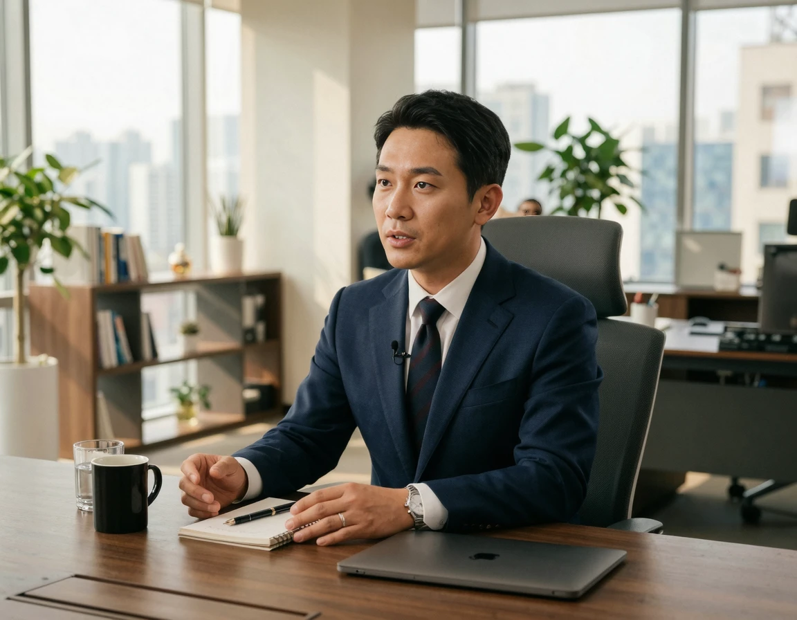 경찰서에서 차분하고 일관되게 진술하는 정장 차림의 남성