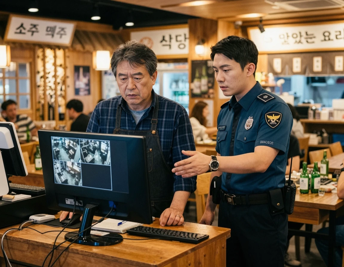식당 내부에서 CCTV 영상을 확인하는 경찰관과 업주