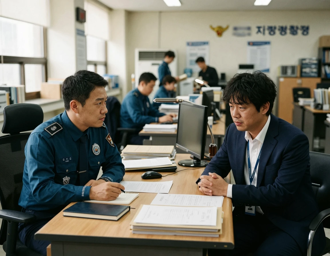 법인카드 사적 유용 횡령죄로 경찰서에서 조사를 받고 있는 직장인의 모습