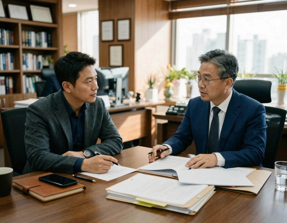 변호사와 스마트폰 압수수색 대응 방안을 상담하는 남성