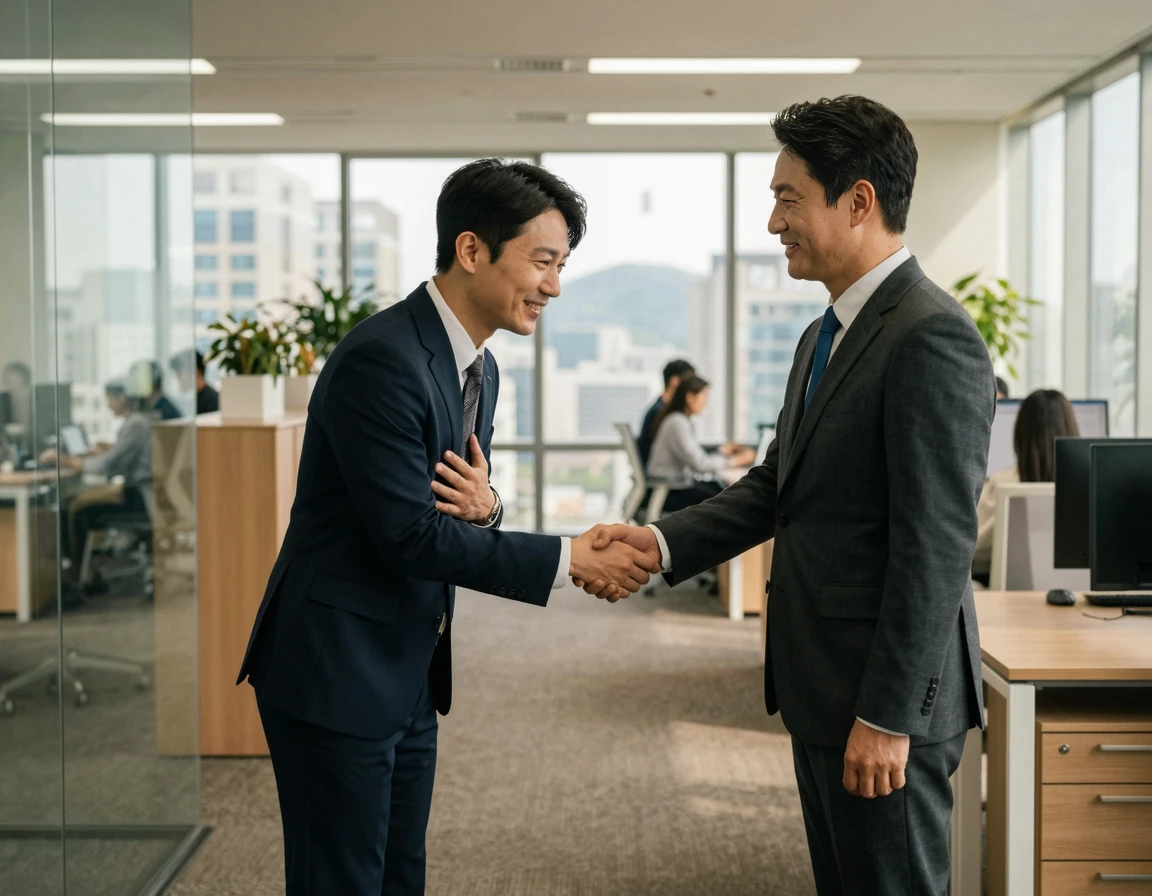 회사 대표와 원만하게 합의하며 악수하는 직장인의 모습
