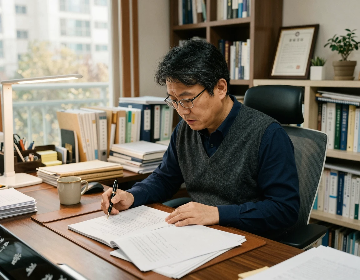 법률 서류를 검토하며 전세사기 고소를 준비하는 40대 남성