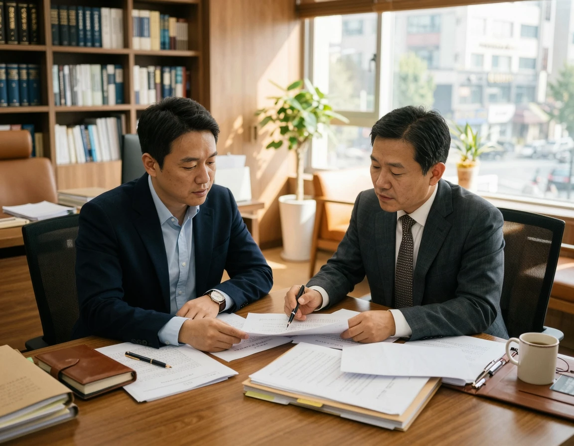 사실적시 명예훼손 고소 대응을 위해 변호사와 상담하는 한국 남성