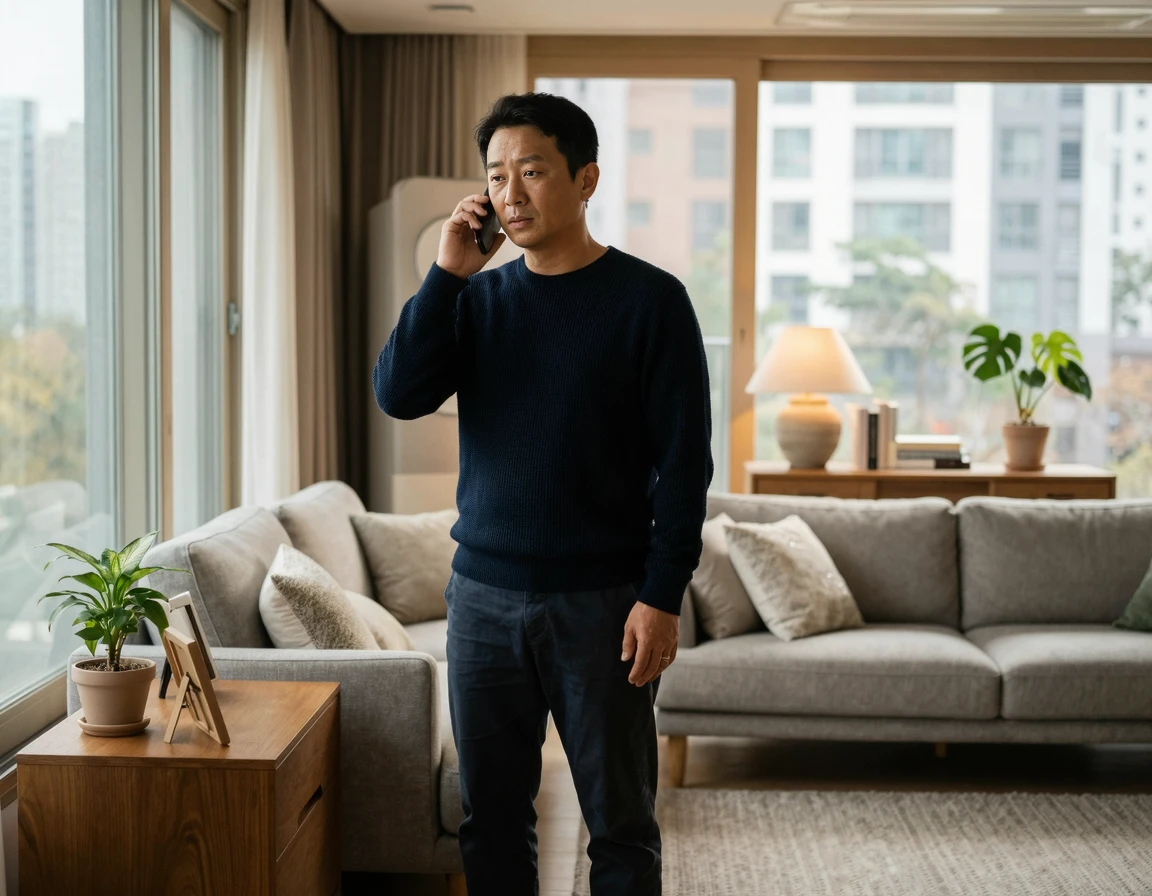 스마트폰으로 경찰 출석 일정을 조율하는 40대 남성의 모습