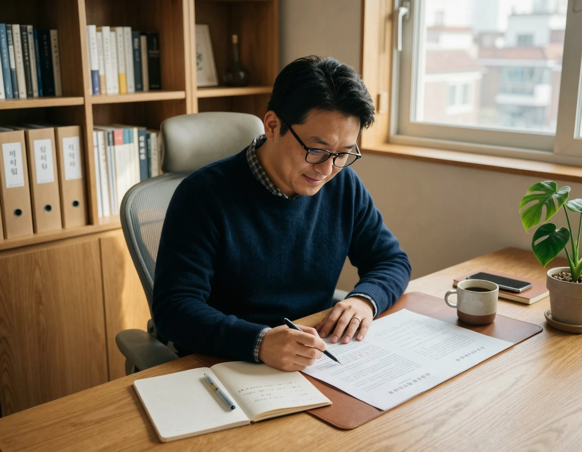 책상에 앉아 방어권과 사건 내용을 꼼꼼히 메모하는 남성
