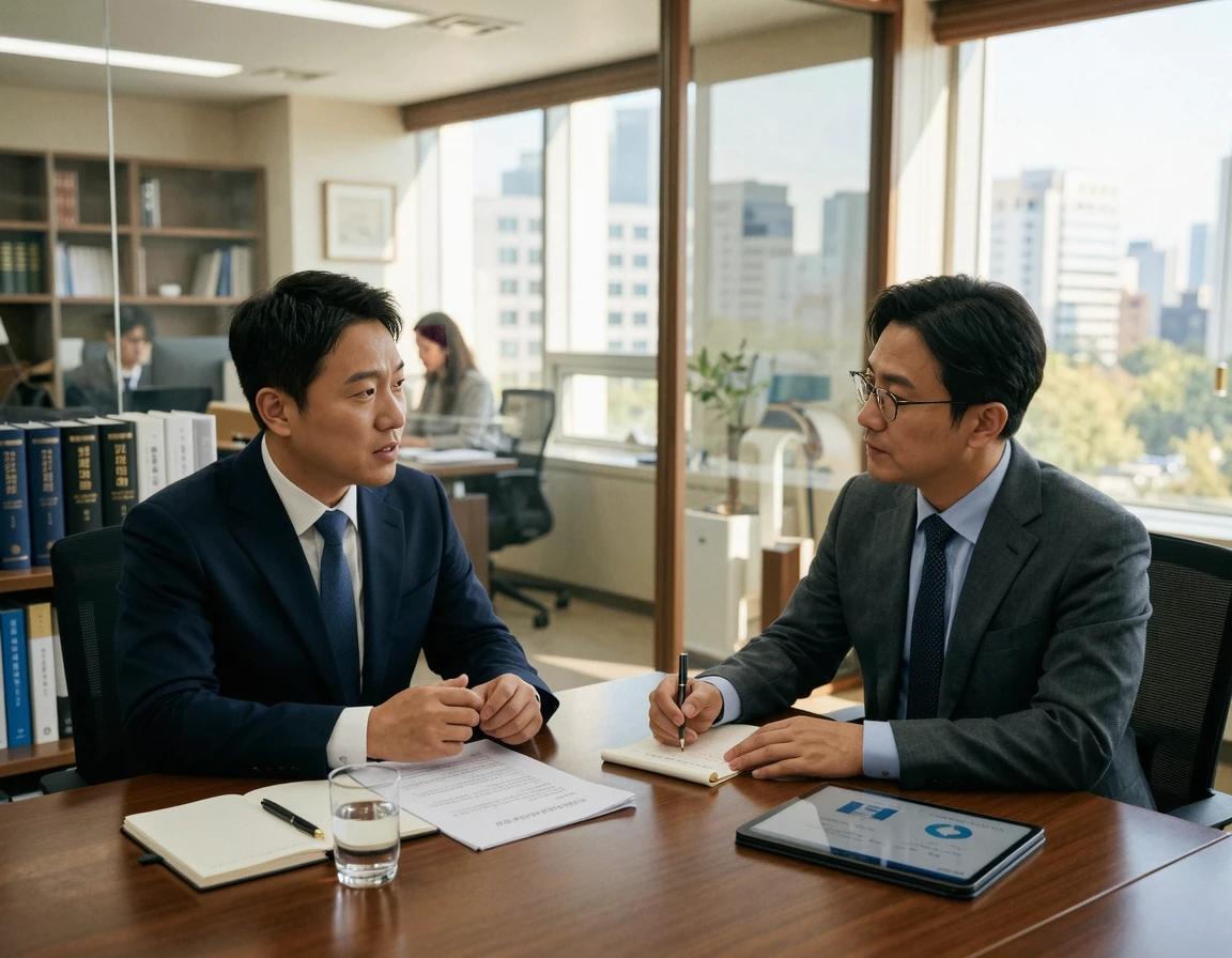 변호사와 진지하게 상담 중인 40대 남성